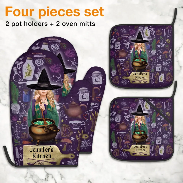 Custom Personalized Witch Heat Resistant Oven Mitts With Pot Holders - Gift Idea for Mother's Day/ Witch Lover