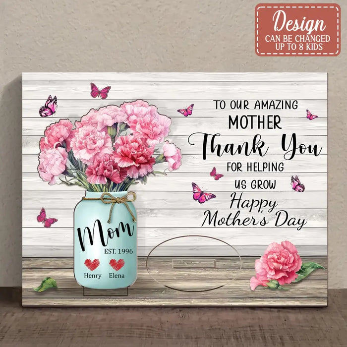 Custom Personalized Carnations Wooden Mother's Card - Upto 4 Kids - Mother's Day Gift Idea For Mom - Thank You For Helping Me Grow