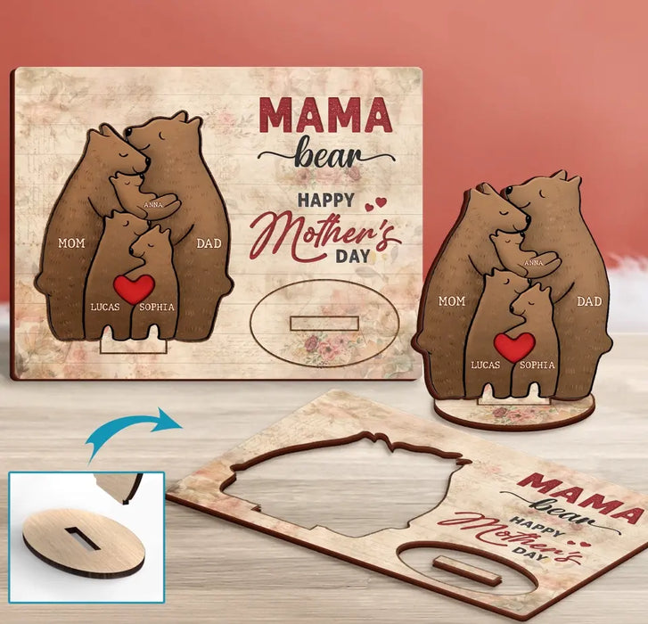 Personalized Mama Bear Wooden Mother's Card - Up to 4 Kids - Mother's Day Gift Idea For Mom/Wife - Happy Mother's Day