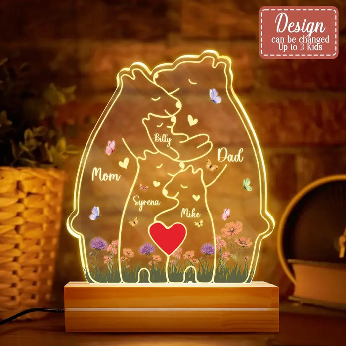 Custom Personalized Bear Family Acrylic Night Light - Upto 5 People - Mother's Day/Father's Day Gift Idea for Family/Dad/Mom