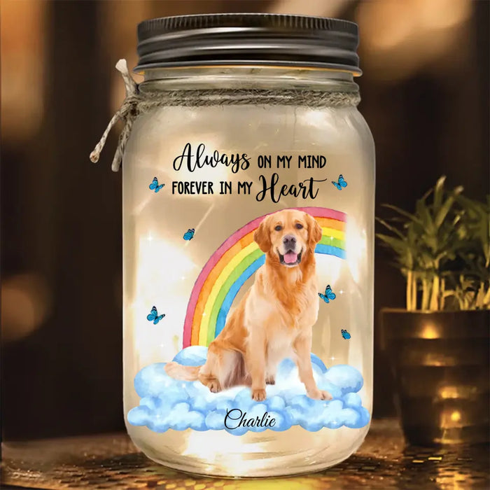 Custom Personalized Pet Photo Mason Jar Light - Memorial Gift Idea for Pet Owners - Always On My Mind Forever In My Heart