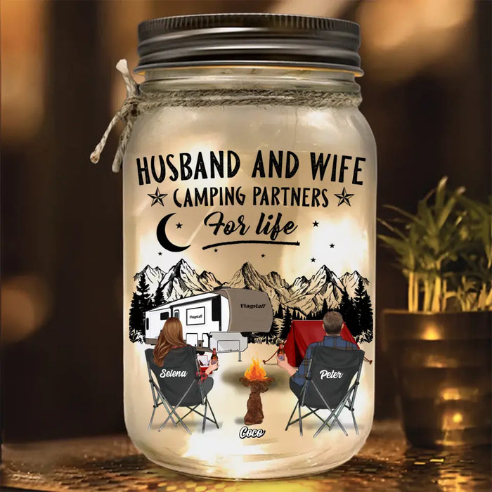 Custom Personalized Camping Mason Jar Light - Gift Idea for Camping Lovers - Upto 4 Kids & 3 Pets -Husband And Wife Camping Partners For Life