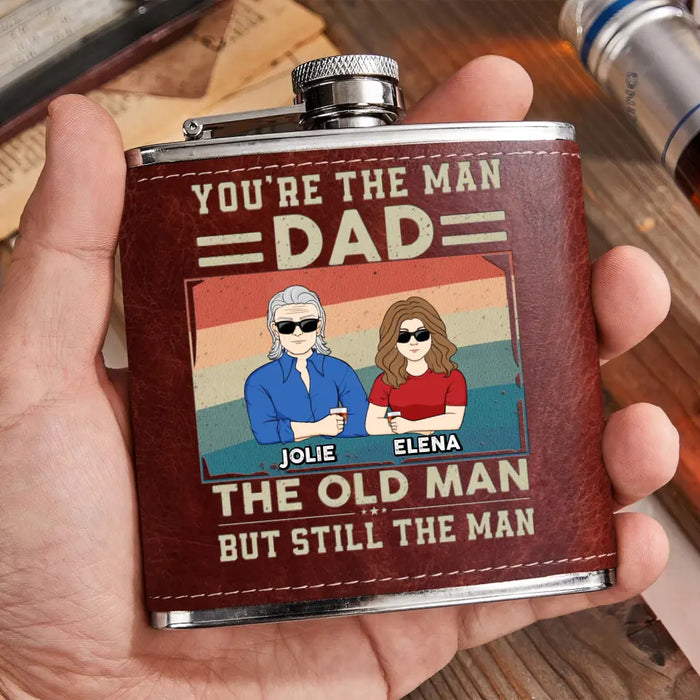 Custom Personalized Dad Leather Flask - Gift Idea For Dad/ Father's Day - Upto 6 Children - You're The Man Dad The Old Man But Still The Man