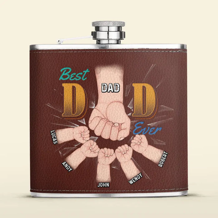 Custom Personalized Best Dad Ever Leather Flask - Up to 5 Kids - Gift Idea For Dad/ Father's Day