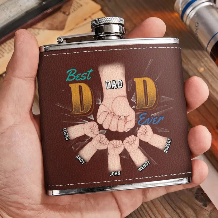 Custom Personalized Best Dad Ever Leather Flask - Up to 5 Kids - Gift Idea For Dad/ Father's Day