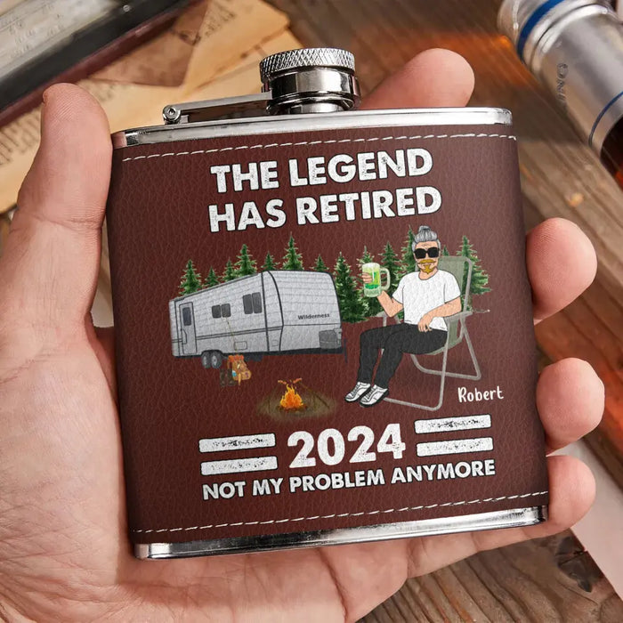 Custom Personalized Camping Leather Flask - Retirement Gift Idea For Camping Lover/ Grandparents - The Legend Has Retired 2024 Not My Problem Anymore
