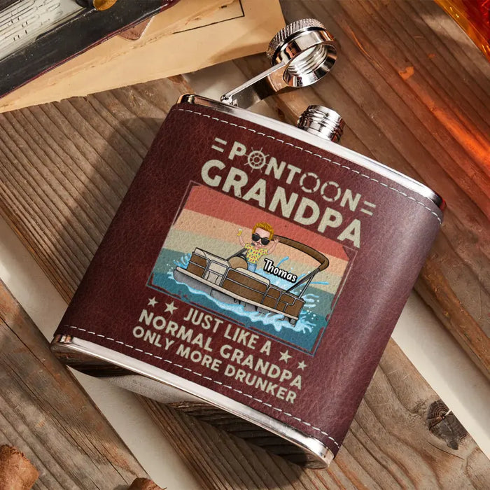 Custom Personalized Pontoon Captain Leather Flask - Best Gift Idea For Father's Day/Grandpa - Pontoon Grandpa Just Like A Normal Grandpa Only More Drunker