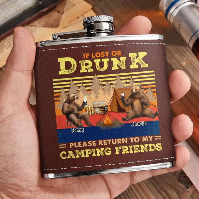 Custom Personalized Camping Leather Flask - Upto 6 Bears - Father's Day Gift Idea for Camping Lovers -If Lost Or Drunk Please Return To My Camping Friends