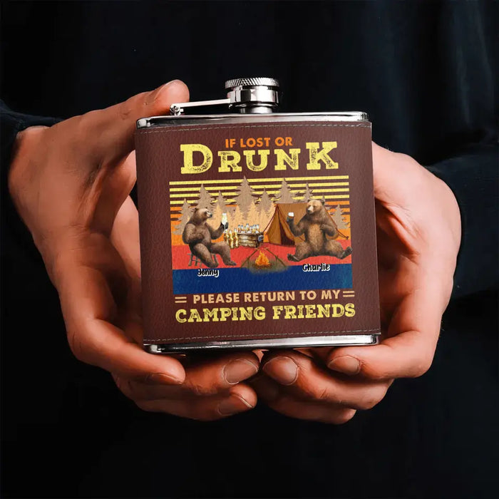 Custom Personalized Camping Leather Flask - Upto 6 Bears - Father's Day Gift Idea for Camping Lovers -If Lost Or Drunk Please Return To My Camping Friends