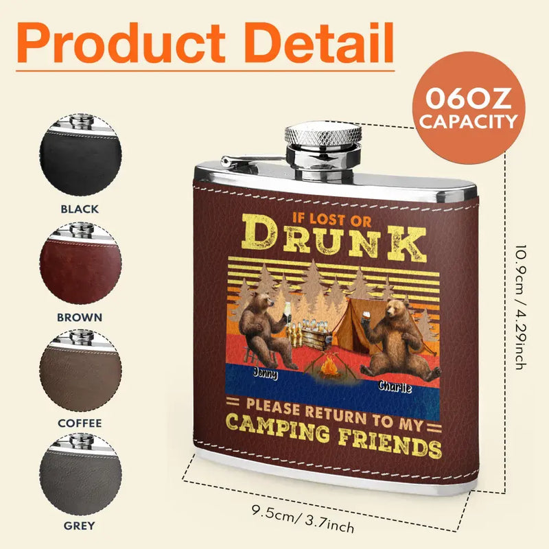 Personalized Camping Leather Flask - Up to 6 Bears - Father's Day Gift Idea for Camping Lovers -If Lost Or Drunk Please Return To My Camping Friends
