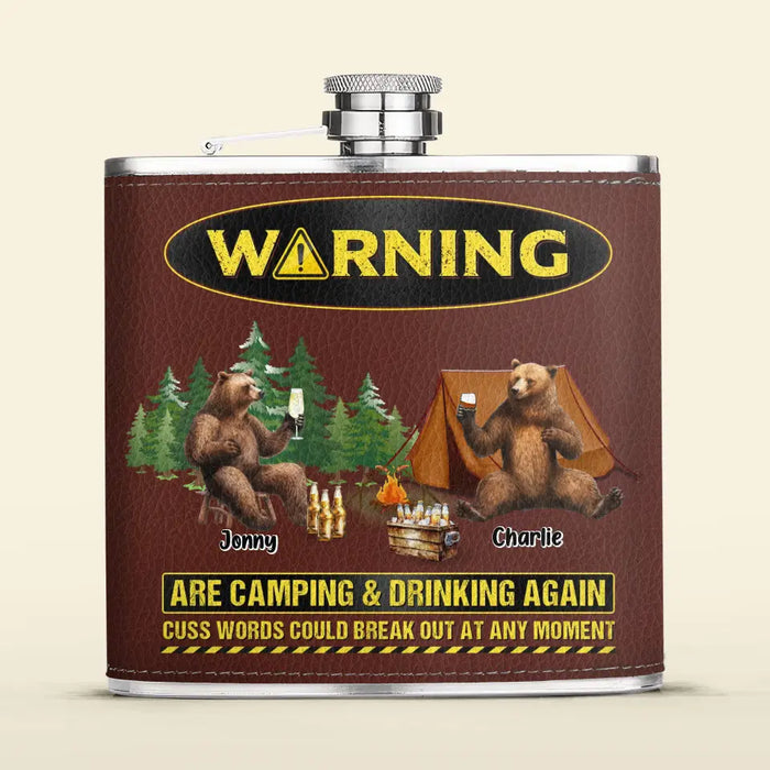 Custom Personalized Camping Leather Flask - Upto 6 Bears - Father's Day Gift Idea for Camping Lovers -Warning Are Camping & Drinking Again