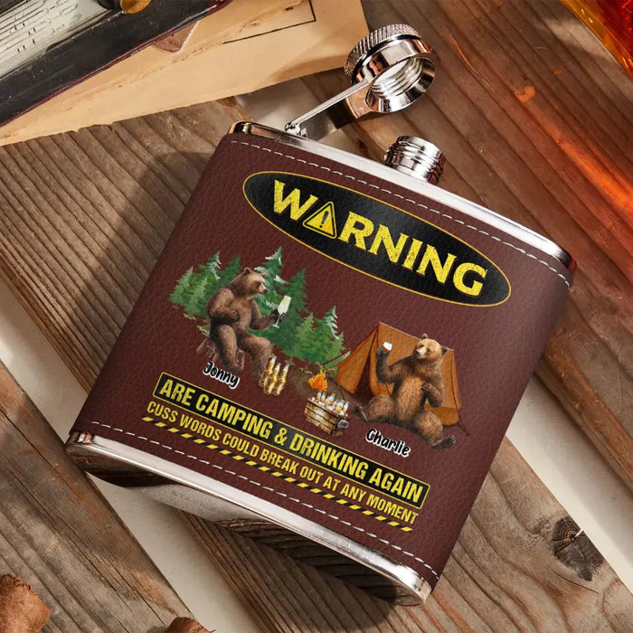 Custom Personalized Camping Leather Flask - Upto 6 Bears - Father's Day Gift Idea for Camping Lovers -Warning Are Camping & Drinking Again