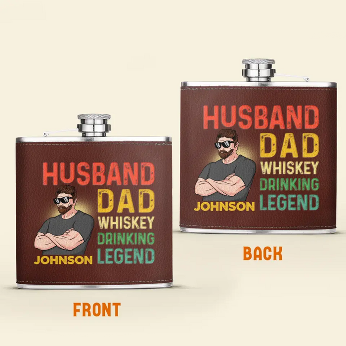 Custom Personalized Dad Leather Flask -  Father's Day Gift Idea For Dad - Husband Dad Whiskey Drinking Legend