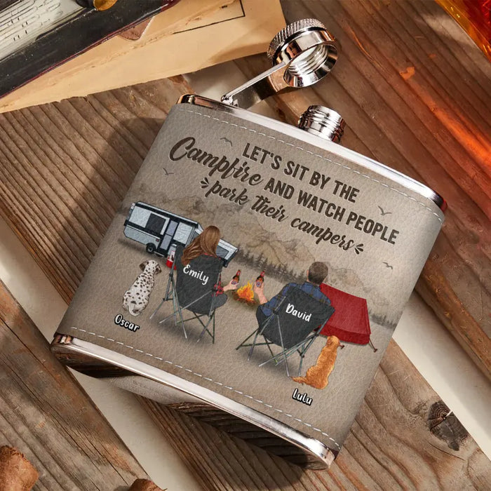 Custom Personalized Camping Leather Flask - Gift Idea For Camping Lover/ Couple/ Family - Couple/ Parents With Upto 3 Kids And 2 Pets - Let's Sit By The Campfire And Watch People Park Their Campers