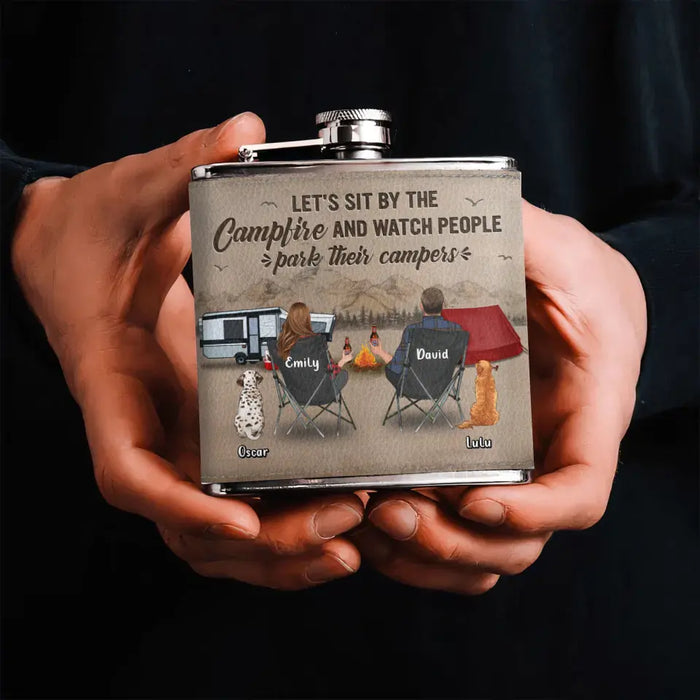 Custom Personalized Camping Leather Flask - Gift Idea For Camping Lover/ Couple/ Family - Couple/ Parents With Upto 3 Kids And 2 Pets - Let's Sit By The Campfire And Watch People Park Their Campers
