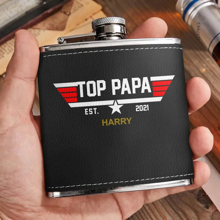 Custom Personalized Papa Leather Flask - Upto 12 Children - Father's Day Gift Idea for Dad/Grandpa