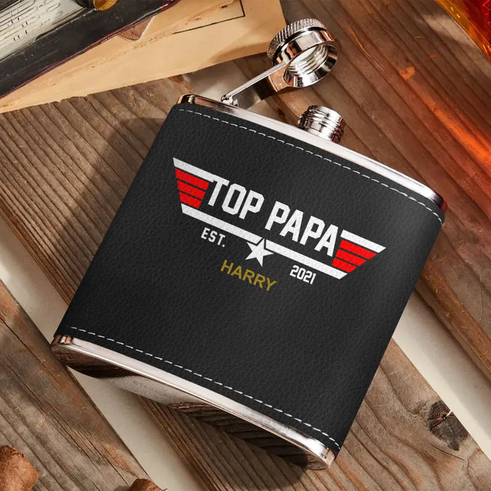 Custom Personalized Papa Leather Flask - Upto 12 Children - Father's Day Gift Idea for Dad/Grandpa