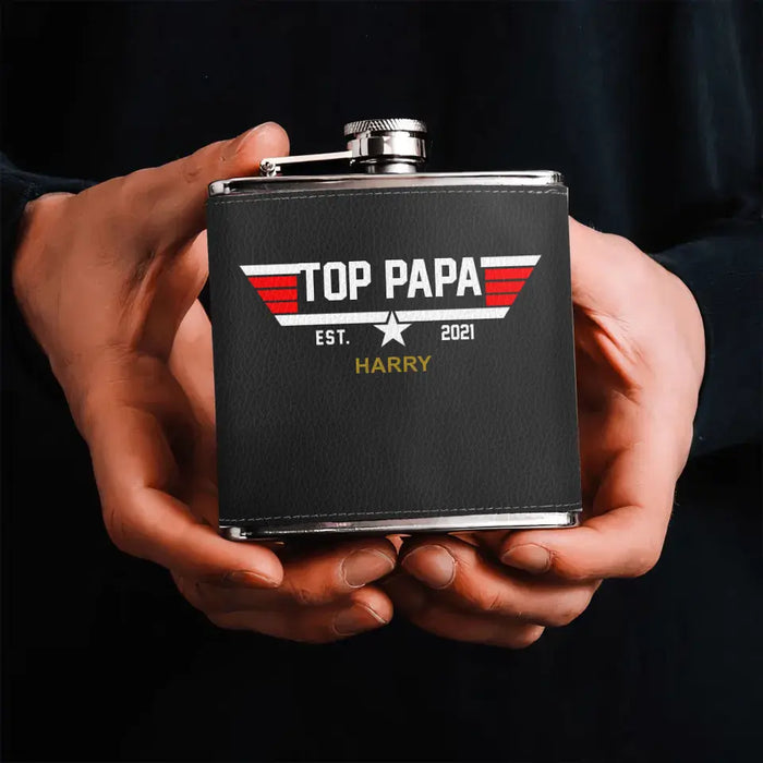 Custom Personalized Papa Leather Flask - Upto 12 Children - Father's Day Gift Idea for Dad/Grandpa