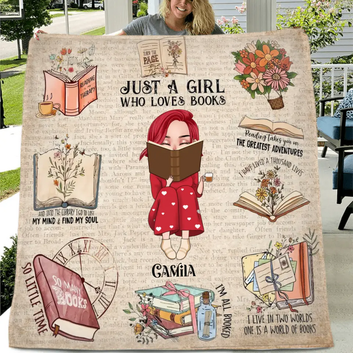 Custom Personalized Reading Girl Quilt/Fleece Throw Blanket/Pillow Cover - Gift Idea For Book Lover - Just A Girl Who Loves Books