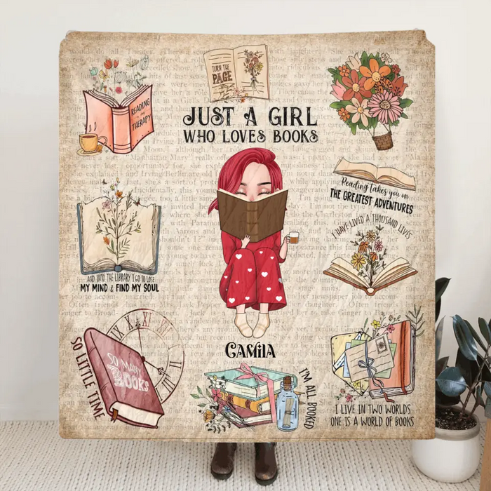 Custom Personalized Reading Girl Quilt/Fleece Throw Blanket/Pillow Cover - Gift Idea For Book Lover - Just A Girl Who Loves Books