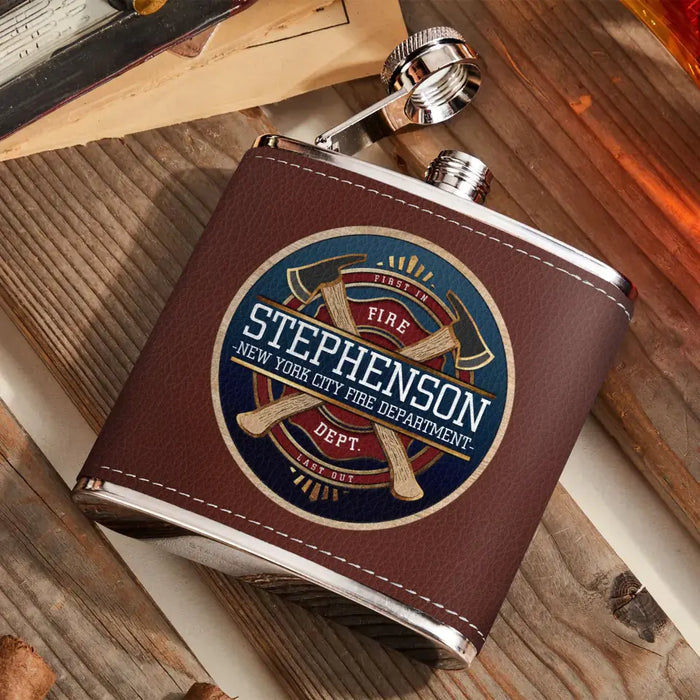 Custom Personalized Firefighter Leather Flask - Father's Day Gift Idea for Firefighter