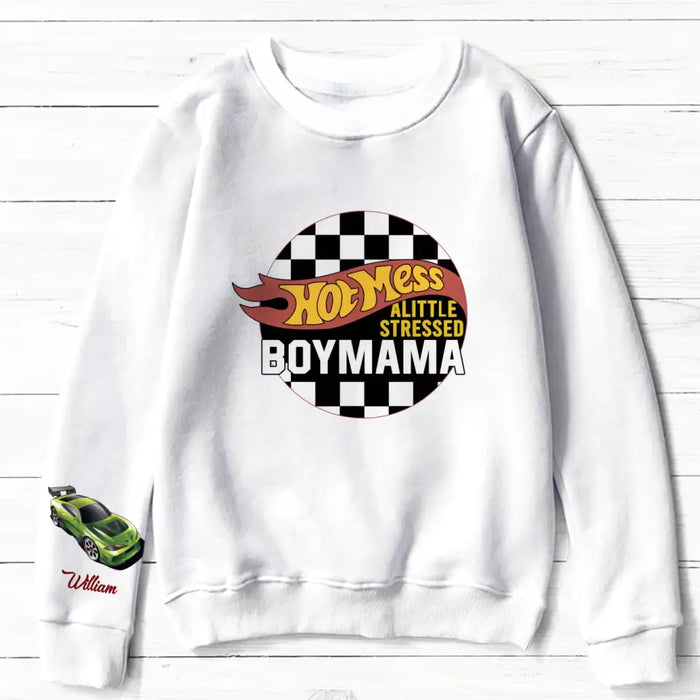 Personalized Hot Mama AOP Sweater - Up to 5 Children - Mother's Day Gift Idea - Hot Mess A Little Stressed Boy Mama
