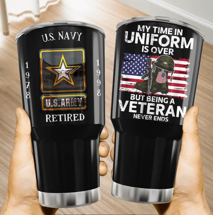 Custom Personalized Retired Veteran Irregular Tumbler - Father's Day Gift Idea for Veteran - My Time In Uniform Is Over But Being A Veteran Never Ends