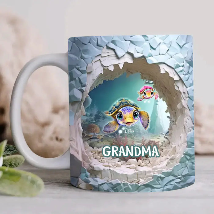 Custom Personalized Grandma Turtle 3D Effect Coffee Mug - Gift Idea For Grandma/ Mom/ Mother's Day - Upto 10 Kids