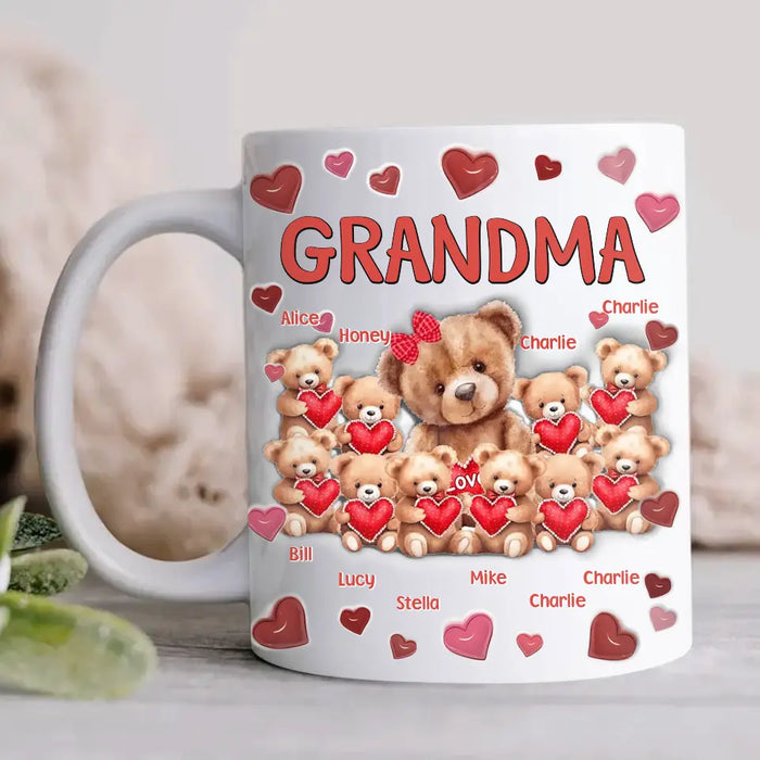 Custom Personalized Mama Bear With Little Kids 3D Inflated Effect Coffee Mug - Upto 10 Kids - Mother's Day Gift Idea For Grandma/ Mom