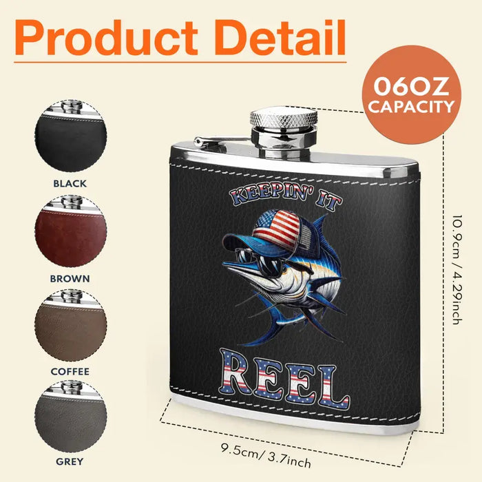 Custom Personalized Fishing Leather Flask - Father's Day Gift Idea for Fishing Lovers - Keepin' It Reel