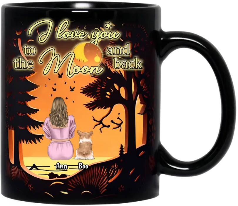 Custom Personalized Dog Mom Black Coffee Mug - Upto 3 Dogs - Mother's Day Gift Idea for Dog Lovers - I Love You To The Moon And Back