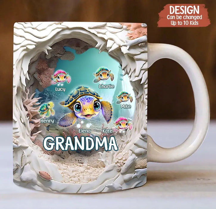 Custom Personalized Grandma With Kids Turtle 3D Effect Coffee Mug - Gift Idea For Grandma/ Mom/ Mother's Day - Upto 10 Kids