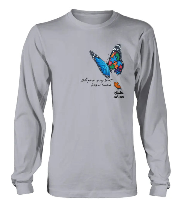 Custom Personalized Memorial Butterfly Shirt/ Hoodie - Upto 4 Puzzles - Memorial Gift Idea for Mother's Day/Father's Day - A Piece Of My Heart Lives In Heaven