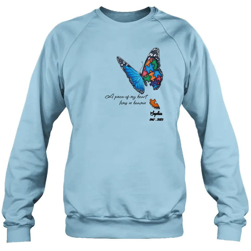 Personalized Memorial Butterfly Shirt/Hoodie - Up to 4 Puzzles - Memorial Gift Idea for Mother's Day/Father's Day - A Piece Of My Heart Lives In Heaven