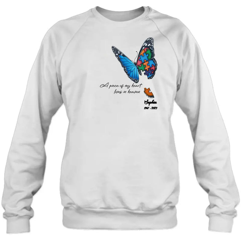Personalized Memorial Butterfly Shirt/Hoodie - Up to 4 Puzzles - Memorial Gift Idea for Mother's Day/Father's Day - A Piece Of My Heart Lives In Heaven