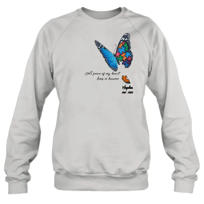 Custom Personalized Memorial Butterfly Shirt/ Hoodie - Upto 4 Puzzles - Memorial Gift Idea for Mother's Day/Father's Day - A Piece Of My Heart Lives In Heaven