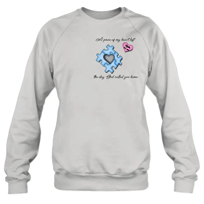 Custom Personalized Memorial Shirt/Hoodie - Memorial Gift Idea for Mother's Day/Father's Day - A Piece Of My Heart Left The Day God Called You Home