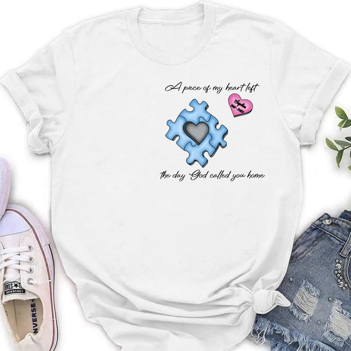 Custom Personalized Memorial Shirt/Hoodie - Memorial Gift Idea for Mother's Day/Father's Day - A Piece Of My Heart Left The Day God Called You Home