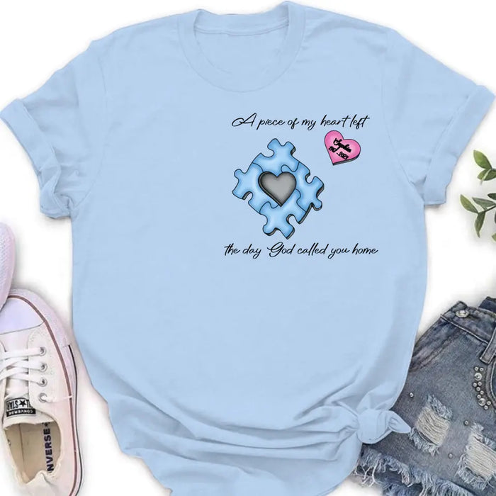 Custom Personalized Memorial Shirt/Hoodie - Memorial Gift Idea for Mother's Day/Father's Day - A Piece Of My Heart Left The Day God Called You Home