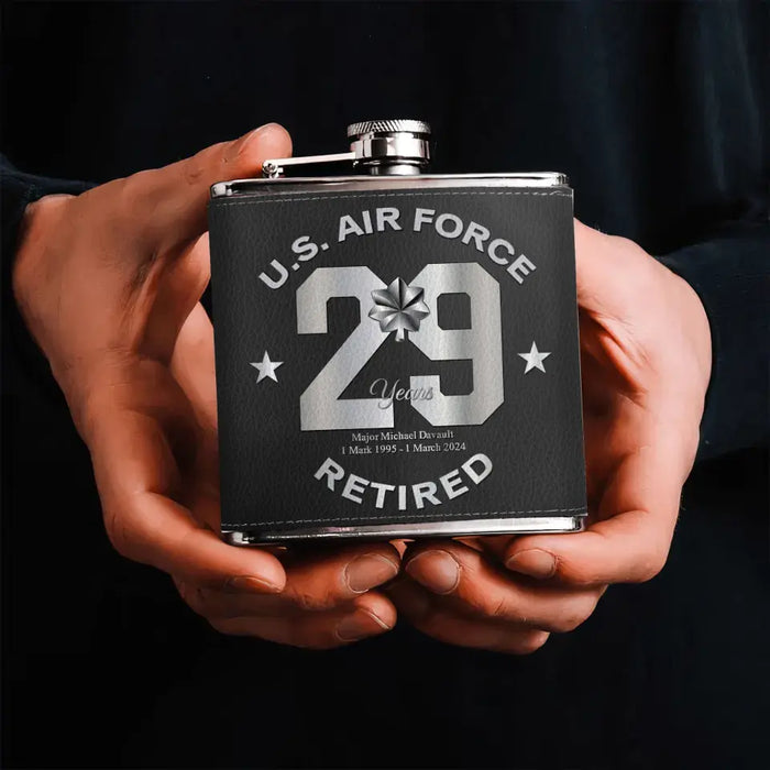 Custom Personalized Retired Veteran Leather Flask - Father's Day Gift Idea for Veteran