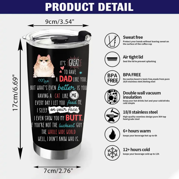 Custom Personalized Cat Dad Tumbler - Upto 3 Cats - Father's Day Gift Idea for Cat Lovers - It's Great To Have A Dad Like You