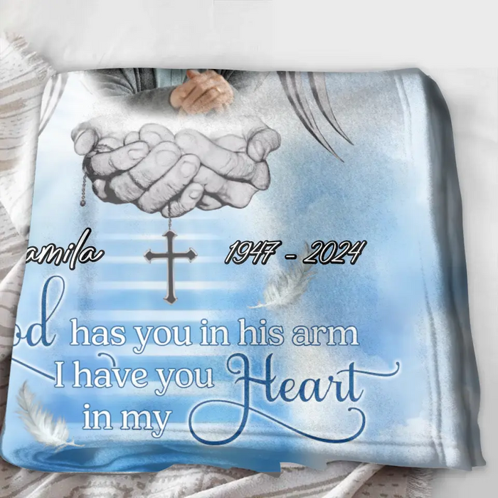 Personalized Memorial Fleece Throw Blanket/Quilt - Upload Photo - Memorial Gift Idea For Family Member - God Has You In His Arms I Have You In My Heart