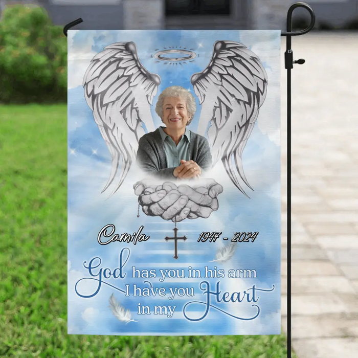 Custom Personalized Memorial Garden Flag Sign - Memorial Gift Idea - Upload Photo - God Has You In His Arms I Have You In My Heart