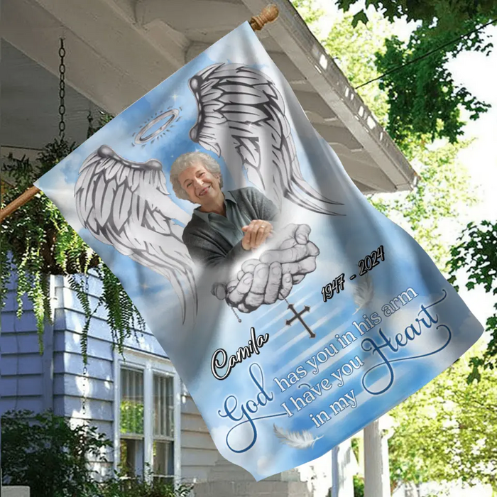 Custom Personalized Memorial Garden Flag Sign - Memorial Gift Idea - Upload Photo - God Has You In His Arms I Have You In My Heart