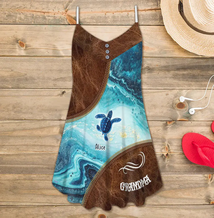 Personalized Sea Turtle Grandma All-Over Print Women's V-neck Cami Dress - Up to 10 Kids - Gift To Grandma/Mother/Mother's Day/Summer