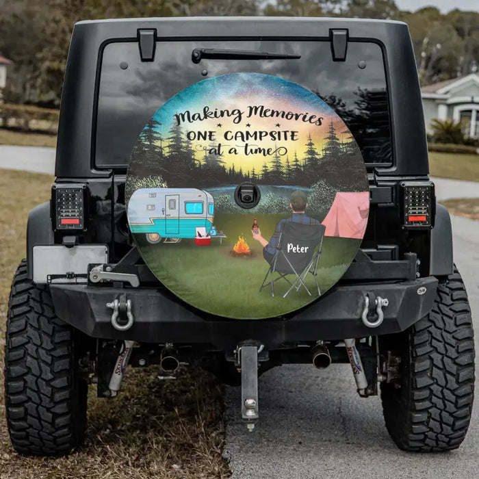 Custom Personalized Camping Car Tire Cover - Parents With Up to 2 Kids And 2 Pets - Gift Idea For Camping Lover/Family - Making Memories One Campsite At A Time