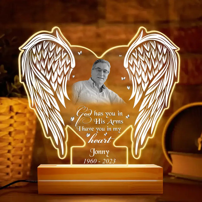 Custom Personalized Memorial Photo Acrylic Night Light - Memorial Gift Idea - God Has You In His Arms I Have You In My Heart