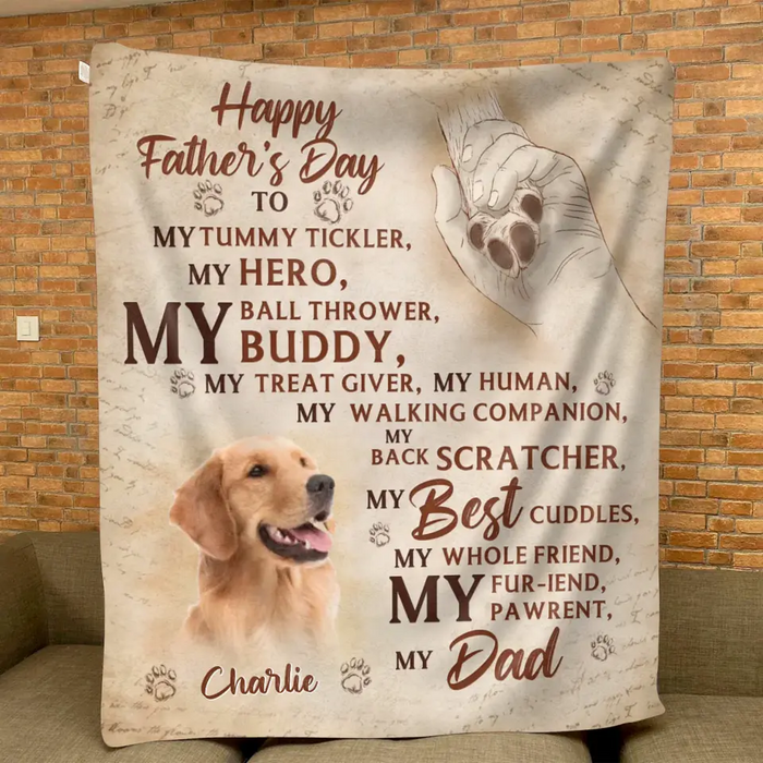 Custom Personalized Father's Day Fleece Throw Blanket - Gift Idea For Dog Owner - Upload Dog Photo - Happy Father's Day To My Hero