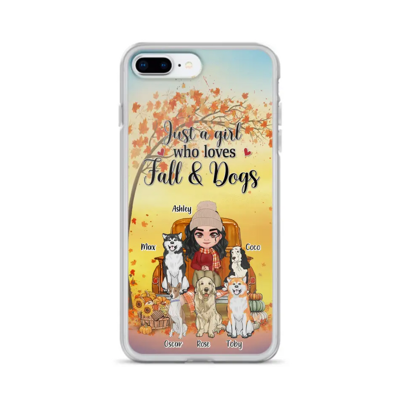 Personalized Dog Mom Fall Season Phone Case - Autumn Gift Idea For Dog Owners - Up to 5 Dogs - Case For iPhone/Samsung - Just A Girl Who Loves Fall & Dogs