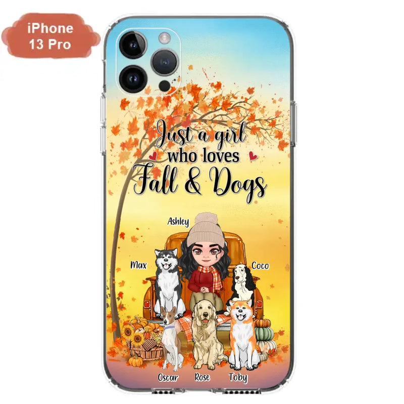Personalized Dog Mom Fall Season Phone Case - Autumn Gift Idea For Dog Owners - Up to 5 Dogs - Case For iPhone/Samsung - Just A Girl Who Loves Fall & Dogs